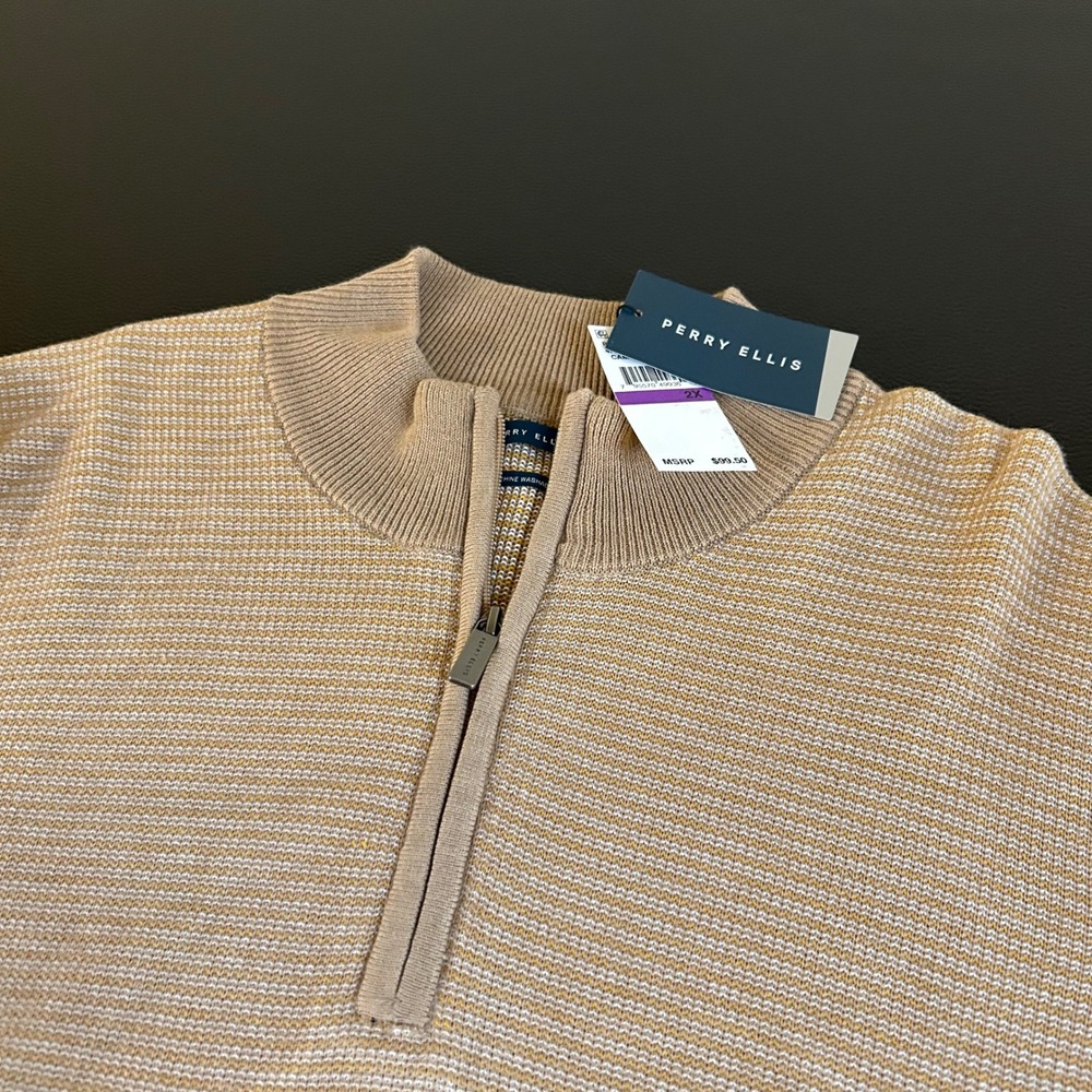 Perry Ellis 1/4 Zip Pullover Sweater Mock Neck Knit Camel Heather Mens 2X 2XL